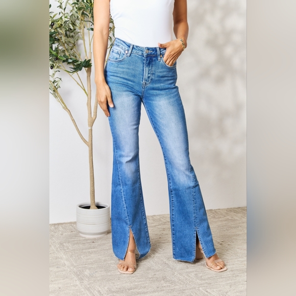 BAYEAS Designer Medium Blue Slit Flare Jeans - Picture 1 of 7